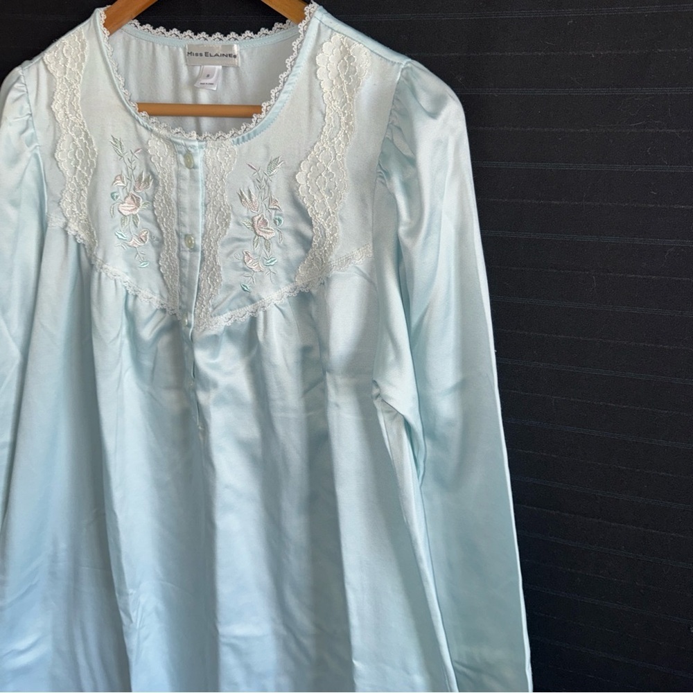 Miss Elaine Blue Lace Embroidered Night Gown S Long Sleeve 45 inch length - Picture 2 of 9
